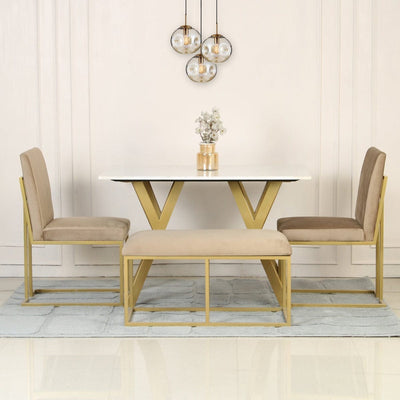 Natural white marble 4 seater rectangle dining table with marble top and metal legs in gold finish 