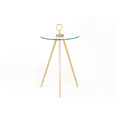 Round side or end table with wooden top, supported by metal legs in gold finish